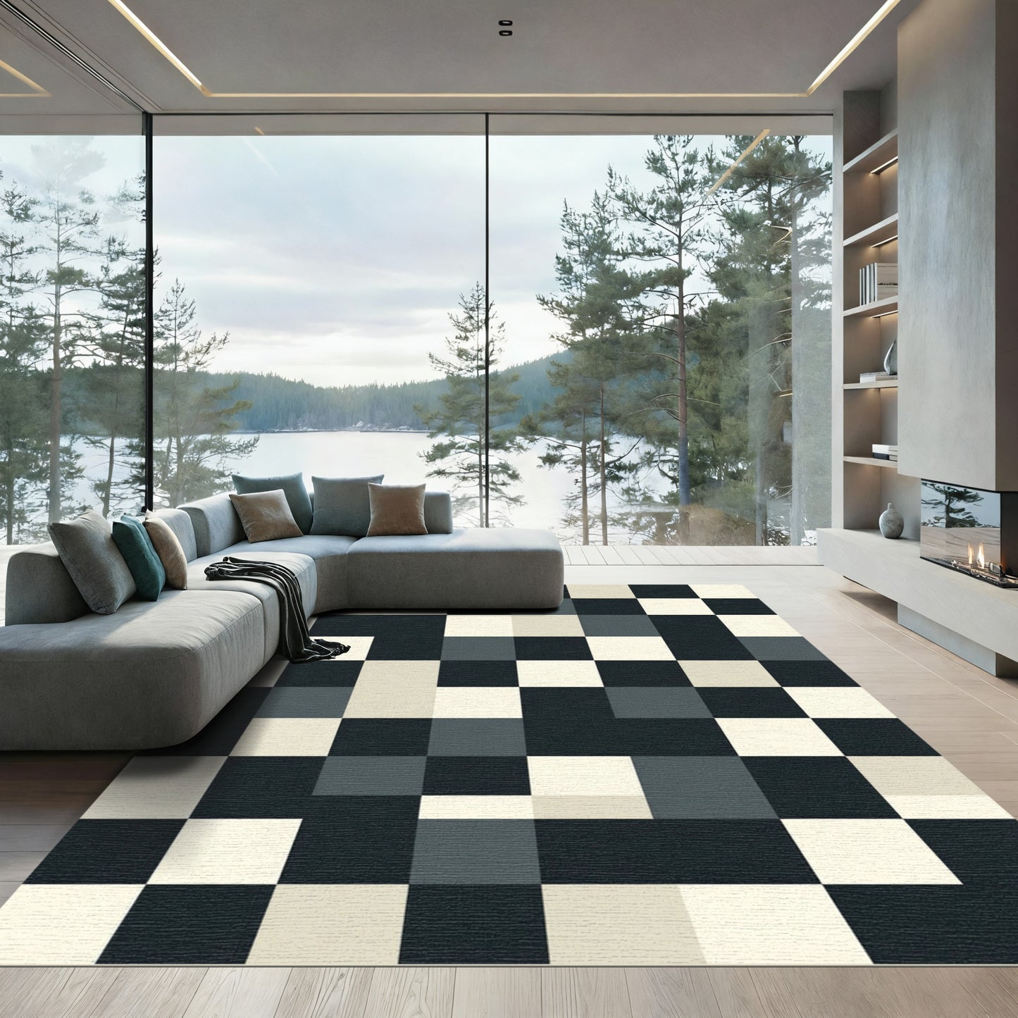 Modern Monochrome Square Block Grid Rug