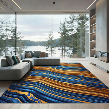Golden Fluid Wave Abstract Navy Rug