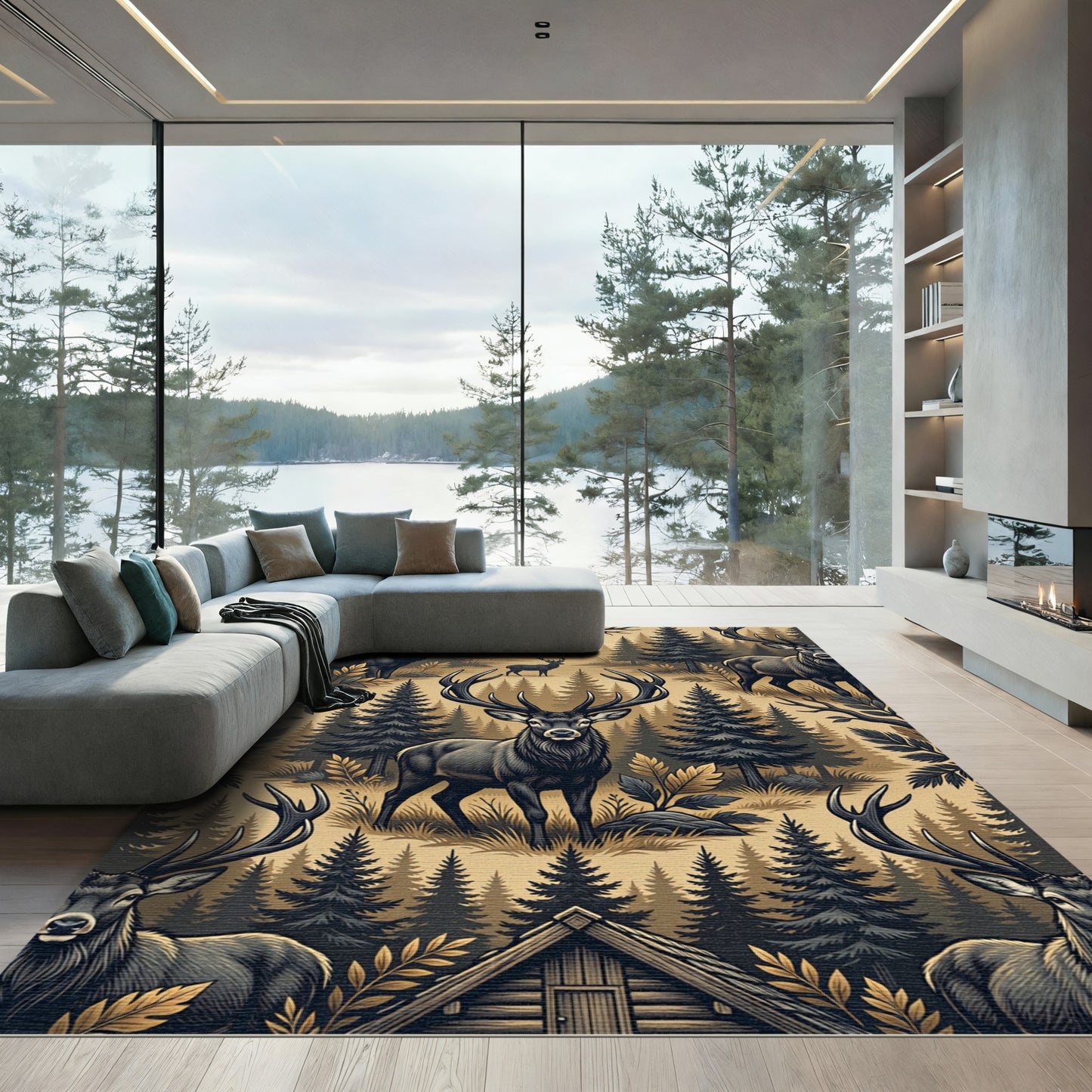 Majestic Antlered Elk Forest Landscape Rug