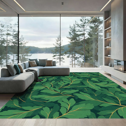 Deep Green Leafy Branch Pattern Rug