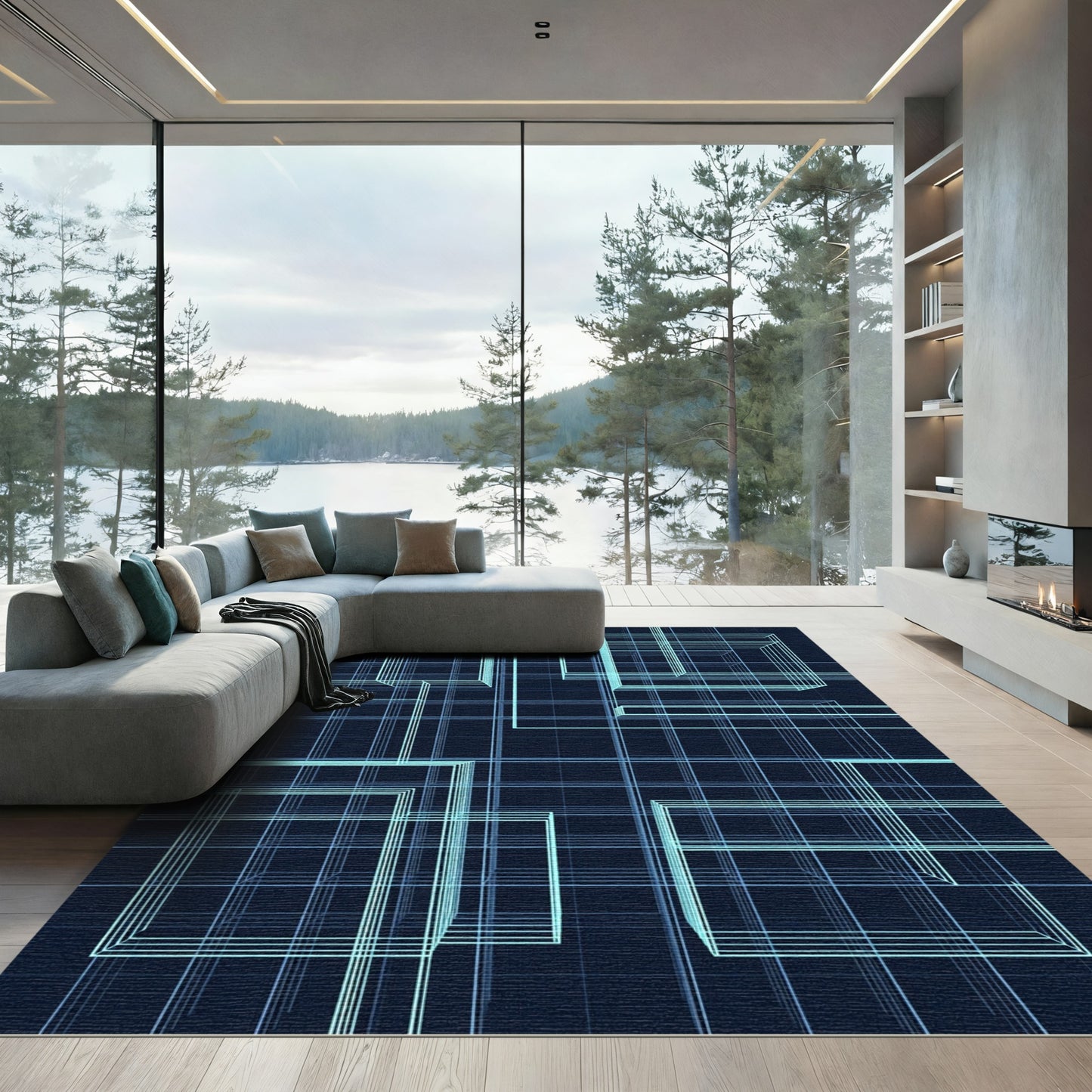 Electric Blue Wireframe Cube Grid Rug