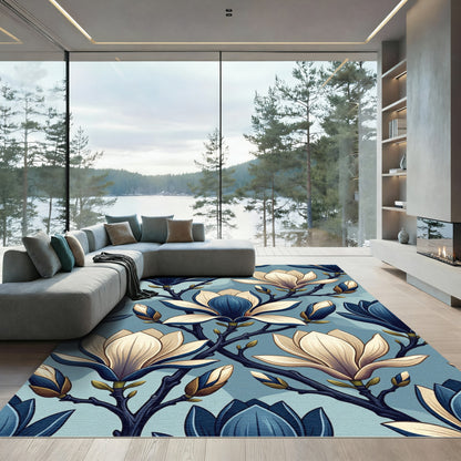 Navy and Cream Magnolia Blossom Floral Rug