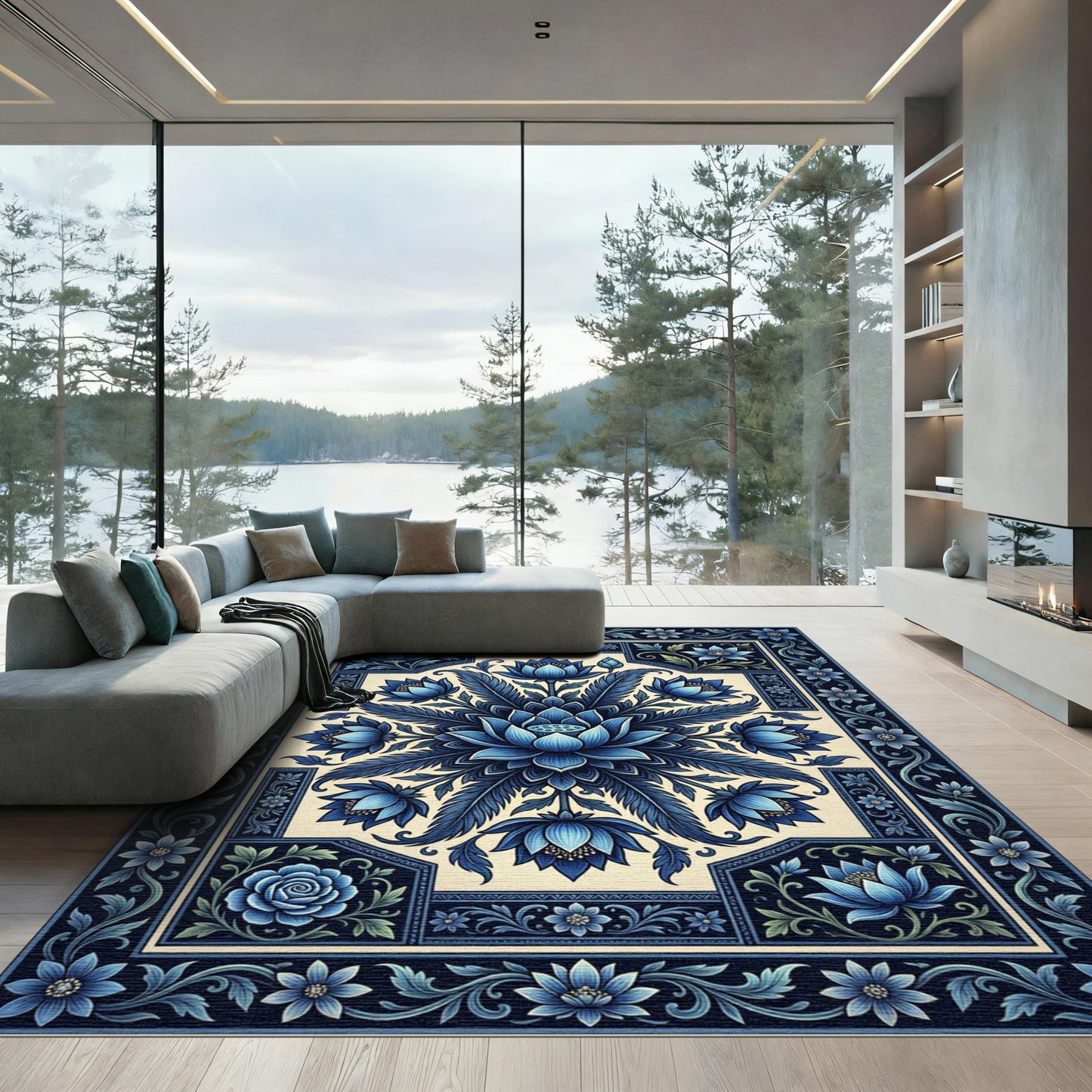 Deep Blue Floral Lotus Garden Rug