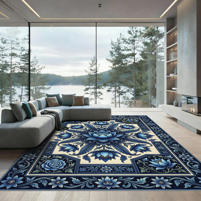 Deep Blue Floral Lotus Garden Rug