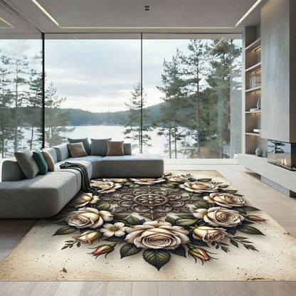Cream Floral Rose Baroque Medallion Rug
