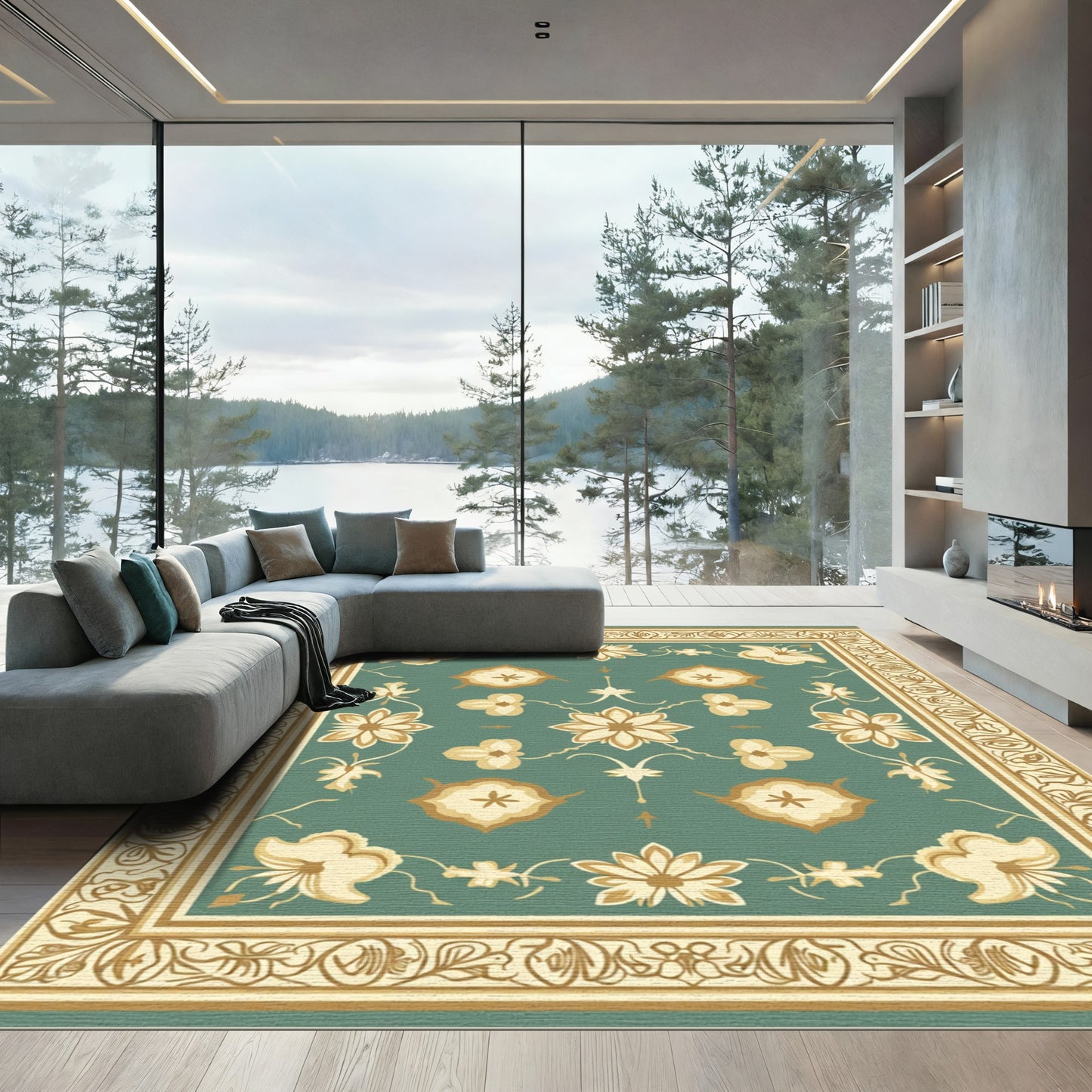 Golden Floral Border Teal Rug