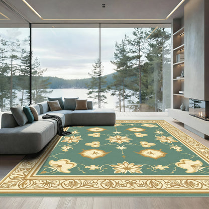 Golden Floral Border Teal Rug