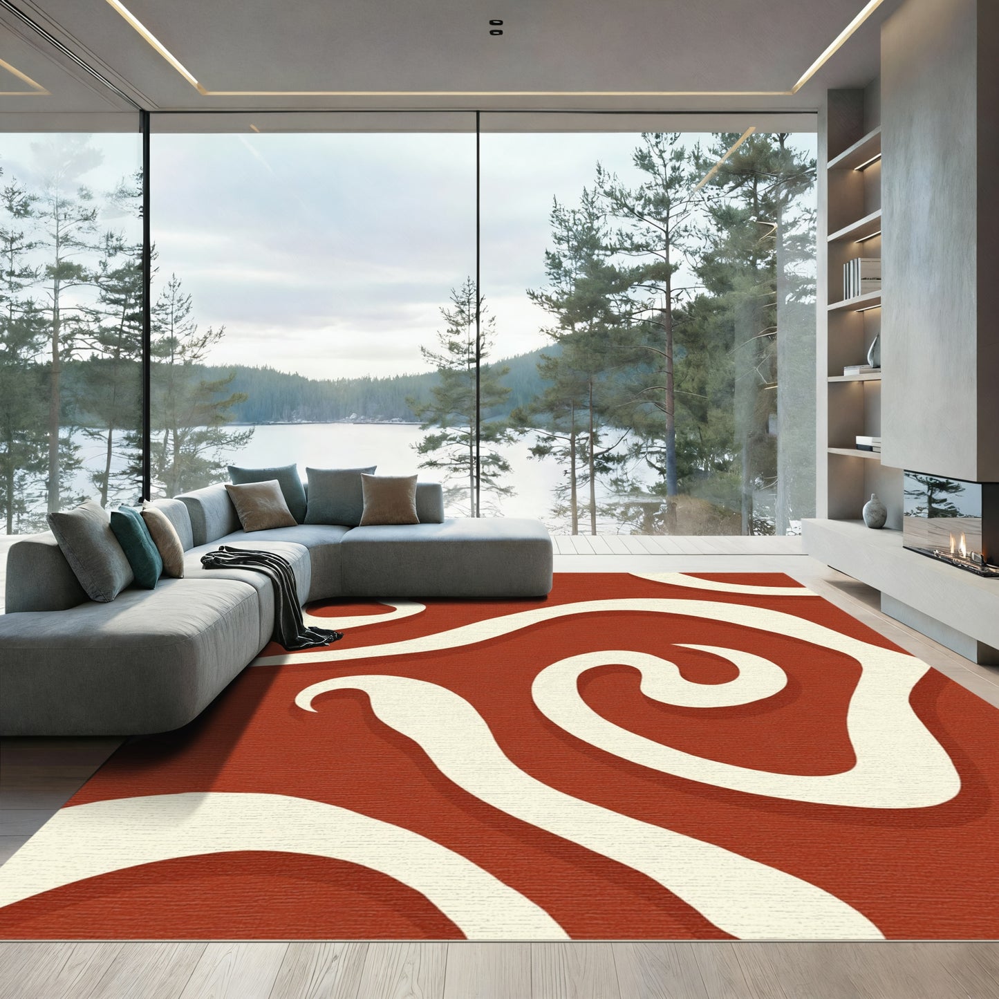 Terracotta Ivory Abstract Swirl Rug