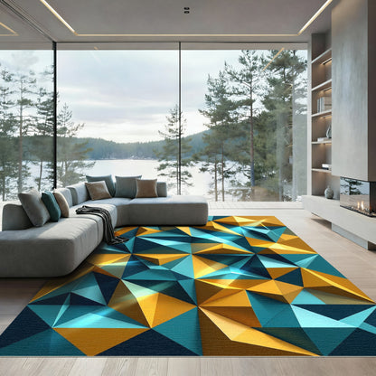 Teal And Gold Geometric Facet Rug