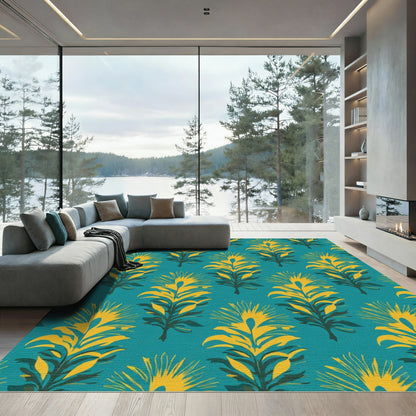 Teal Yellow Feathered Botanical Repeats Rug