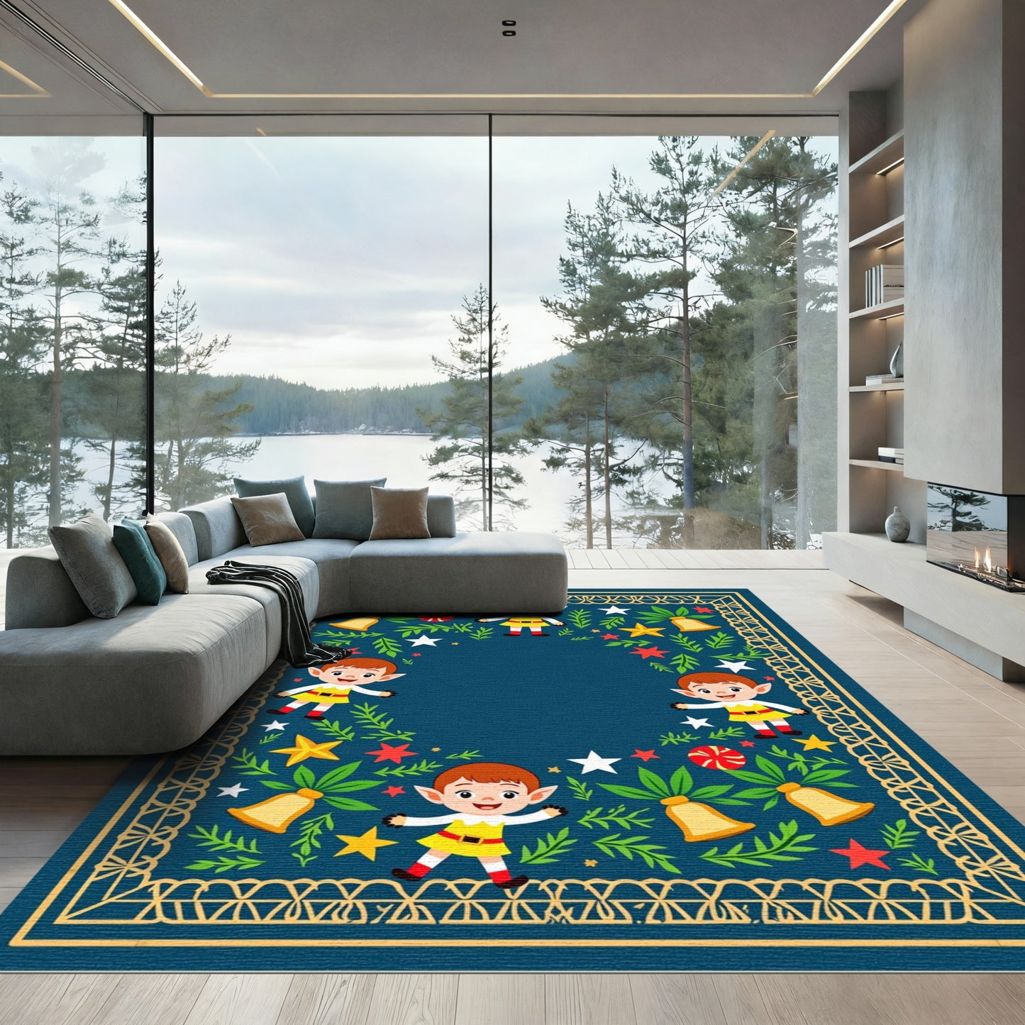 Merry Elf Christmas Border Design Rug