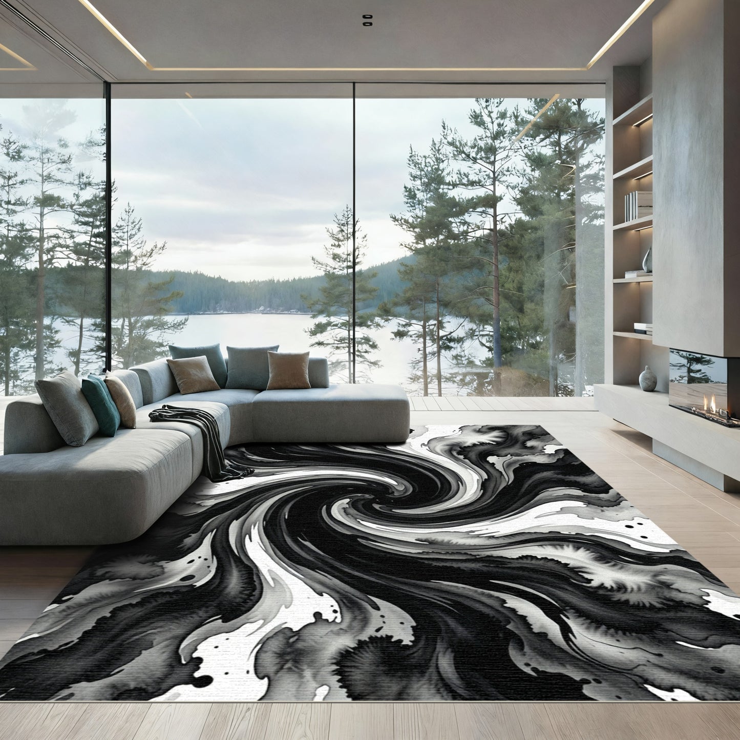 Abstract Black Swirl Ink Wash Rug