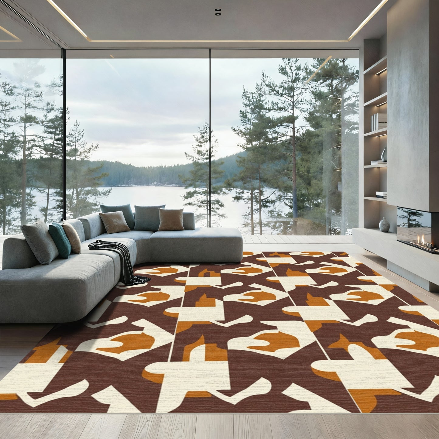 Earthy Brown Geometric Abstract Composition Rug