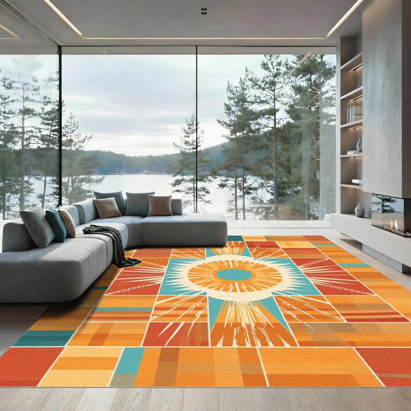 Radiant Orange Sunburst Geometric Rug