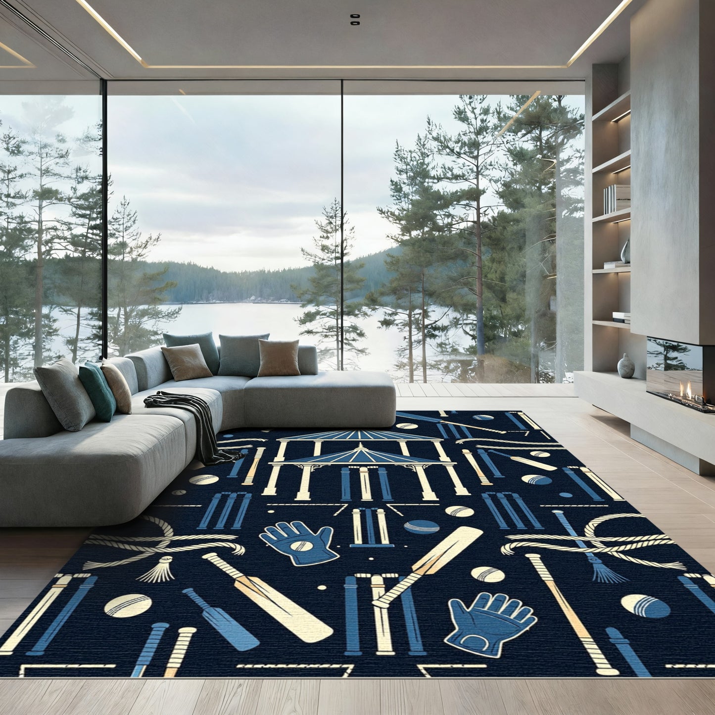 Vintage Cricket Athletic Navy Cream Illustration Rug