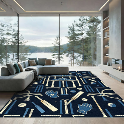 Vintage Cricket Athletic Navy Cream Illustration Rug
