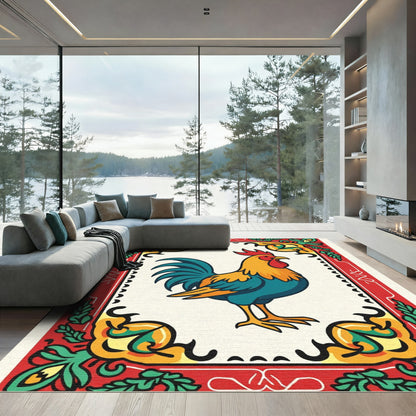Bold Red Rooster Floral Accent Rug
