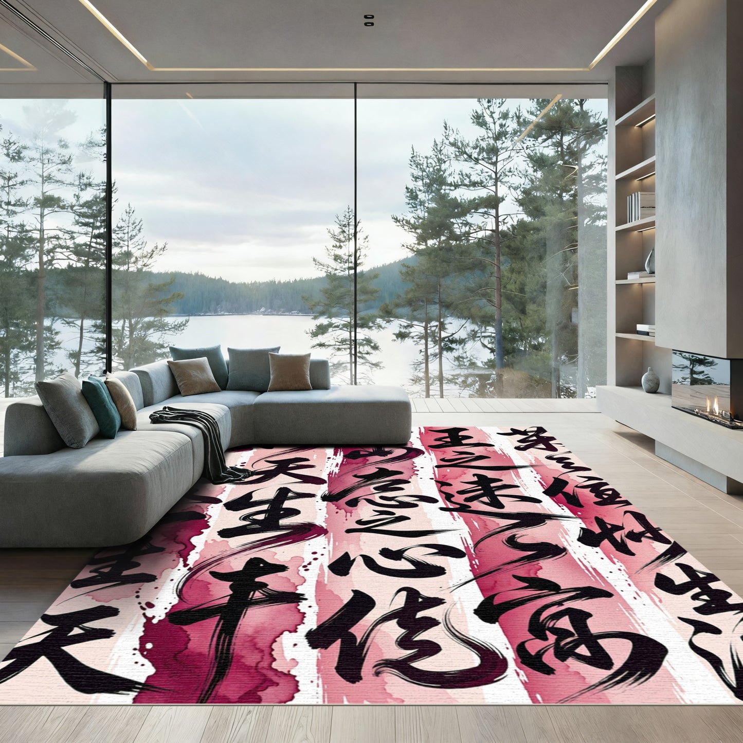 Bold Black Calligraphy Red Wash Rug