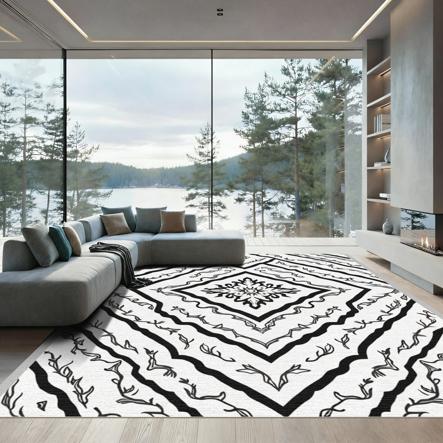 Black White Scroll Medallion Overlay Rug
