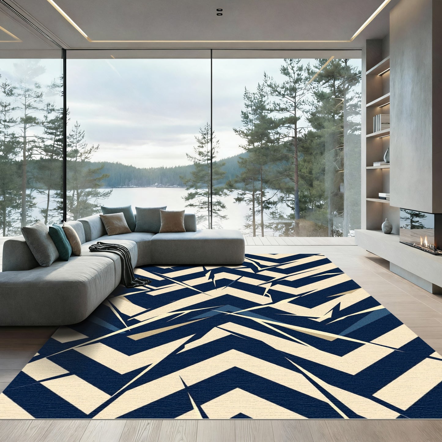 Navy Blue Geometric Chevron Abstract Rug