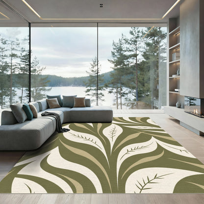 Olive Cream Stylized Leaf Swirl Rug