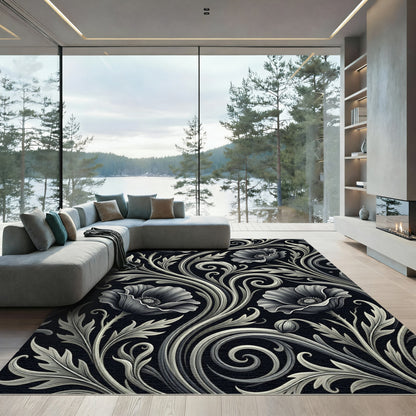 Elegance Monochrome Poppy Floral Scrollwork Rug
