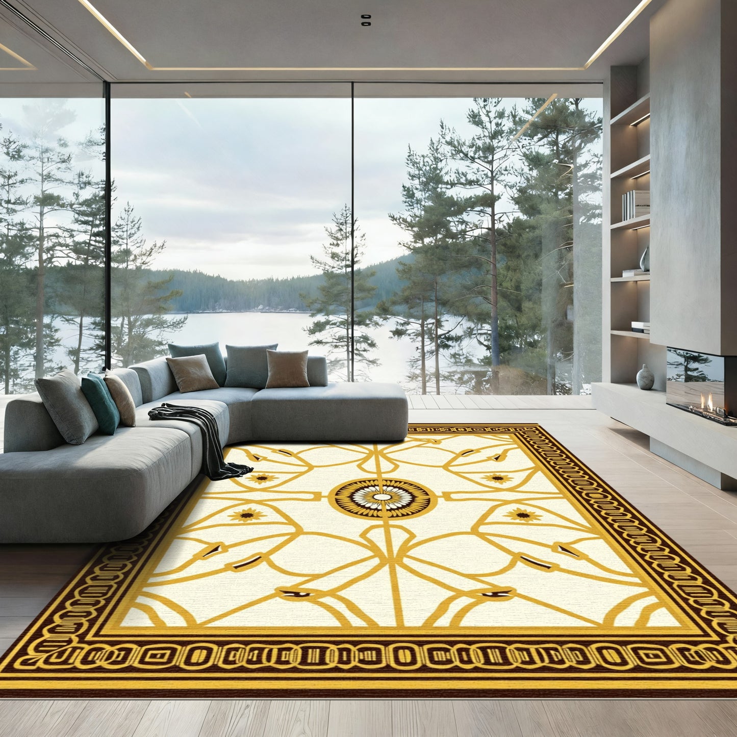 Golden Floral Medallion With Border Rug