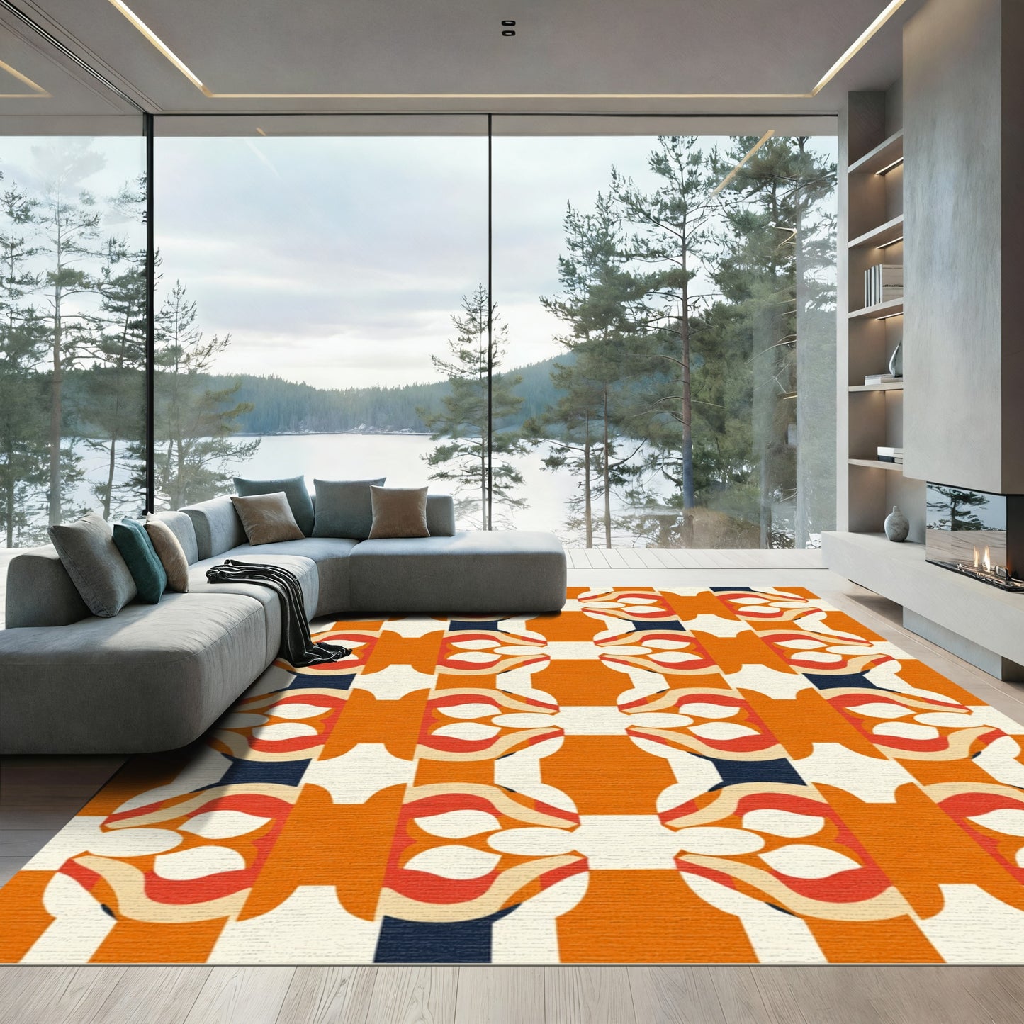 Retro Orange Checker Wave Artwork Rug