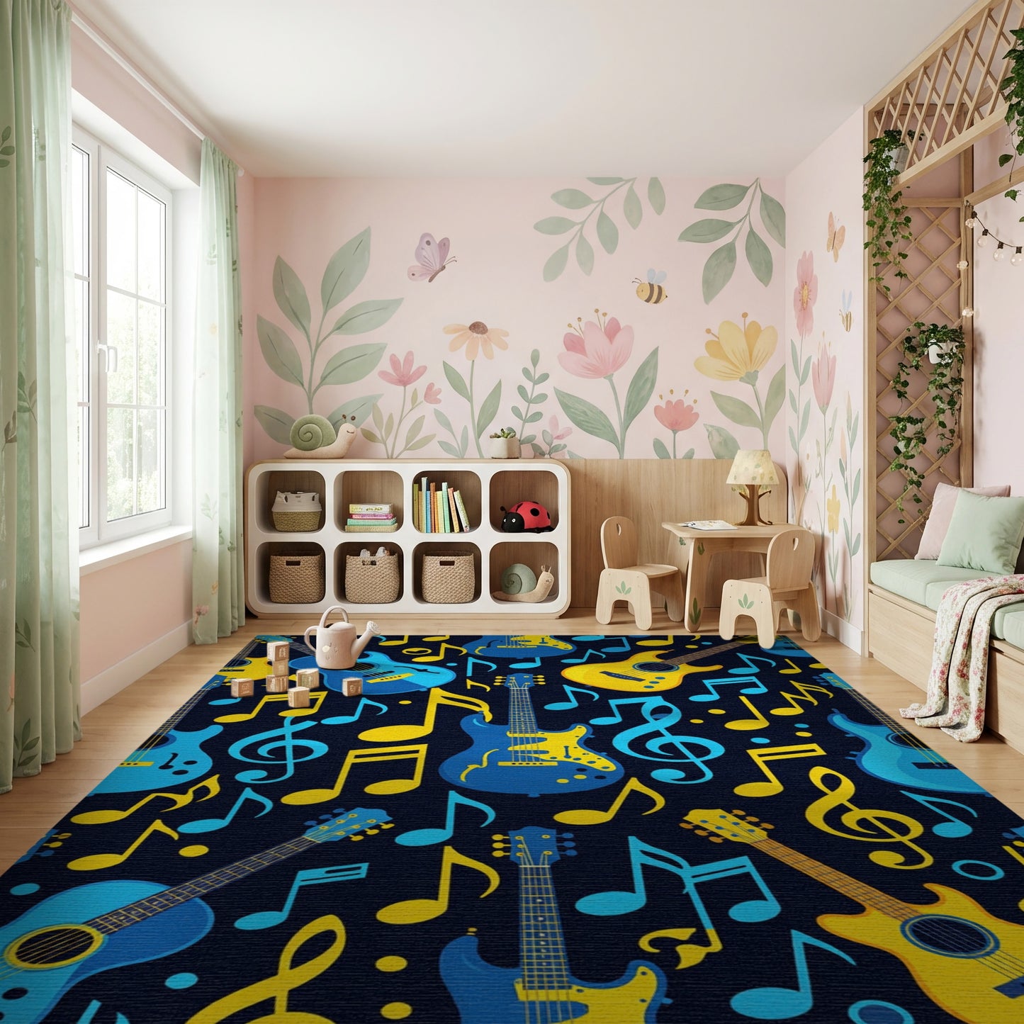 Vibrant Electric Guitars Notes Navy Rug