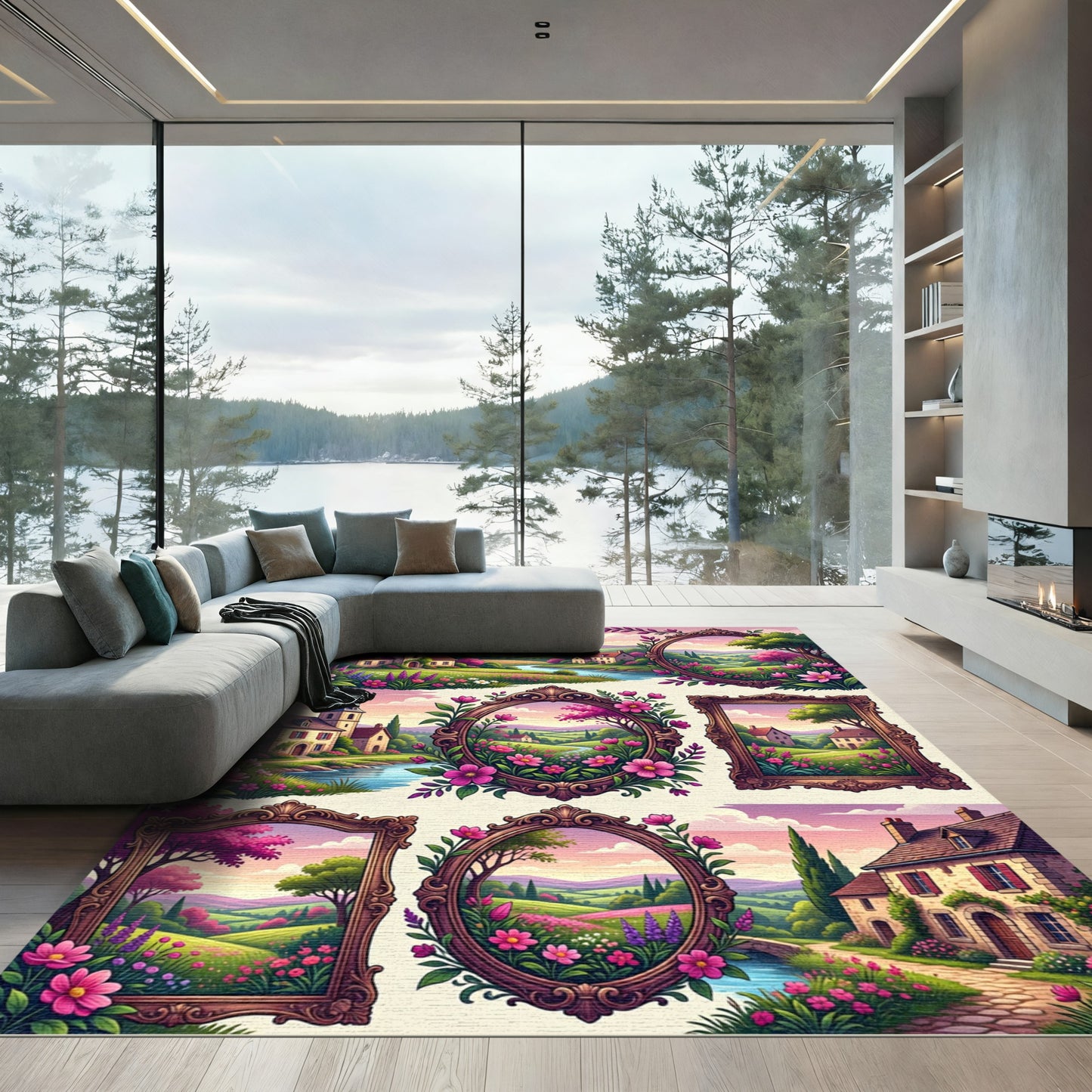 Whimsical Floral French Countryside Landscape Rug