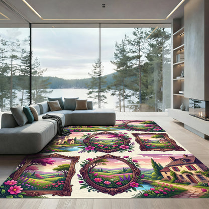 Whimsical Floral French Countryside Landscape Rug