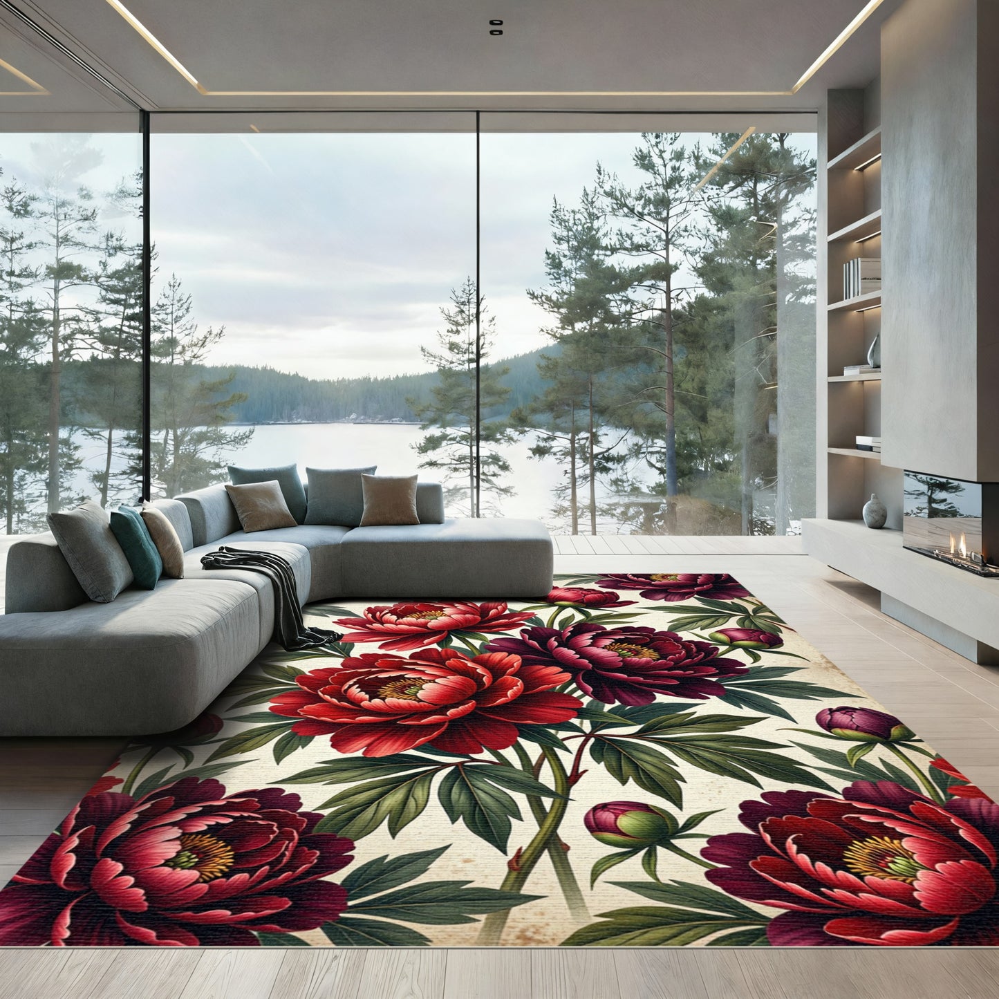 Rich Scarlet Peony Floral Garden Rug