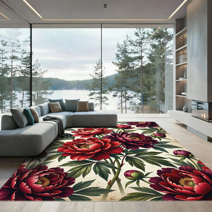 Rich Scarlet Peony Floral Garden Rug
