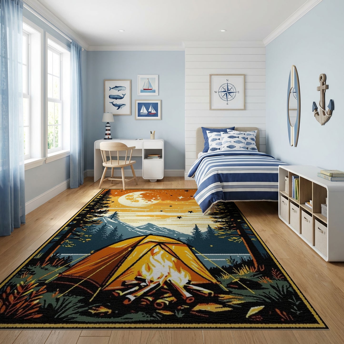 Retro Moonlit Campfire Tent Forest Rug