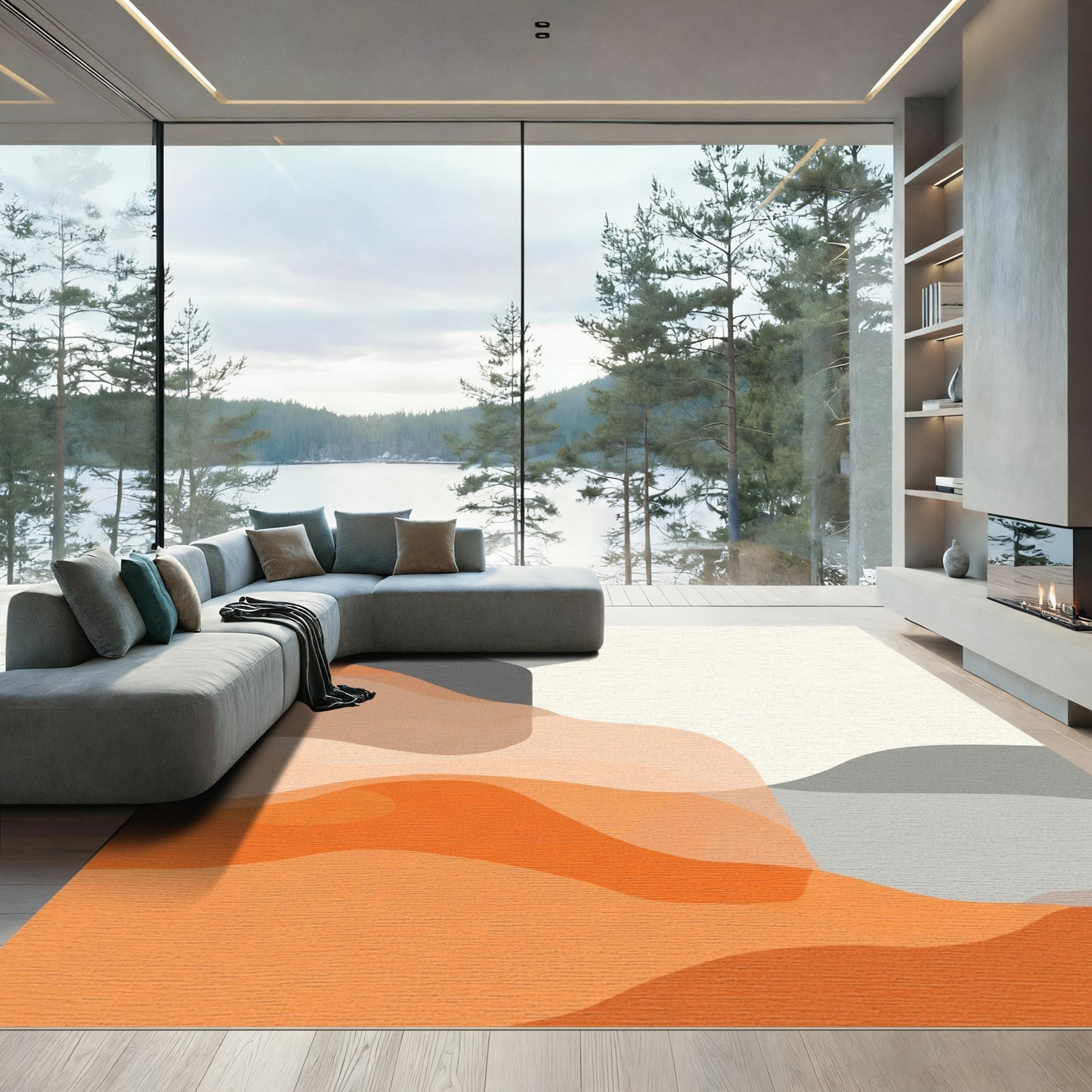 Abstract Orange Gray Smooth Waves Rug