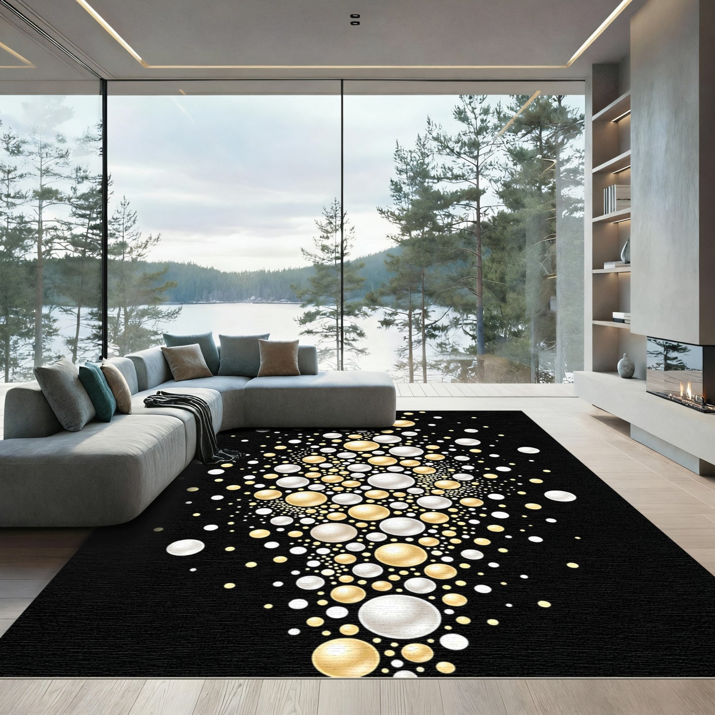 Sophisticated Gold and White Floating Pearl Sphere Rug
