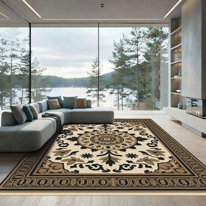 Ornate Tan Floral Medallion Border Rug