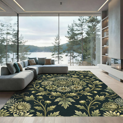 Elegant Sage Green Chrysanthemum Floral Medallion Rug