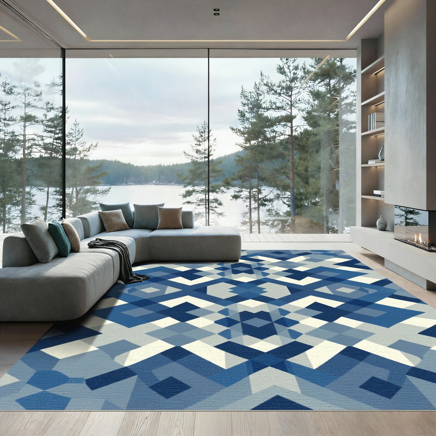 Shades of Blue Geometric Interlocking Shapes Rug
