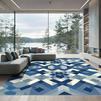 Shades of Blue Geometric Interlocking Shapes Rug