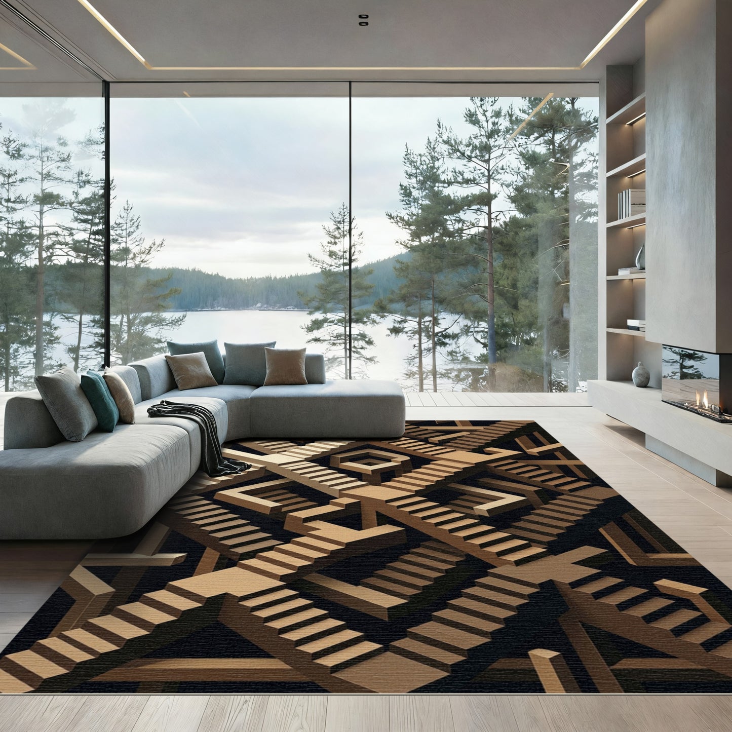 Golden Bronze Illusion Stair Maze Rug