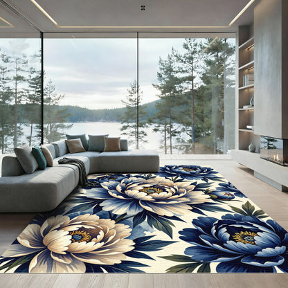 Elegant Navy and Cream Peony Bouquet Rug
