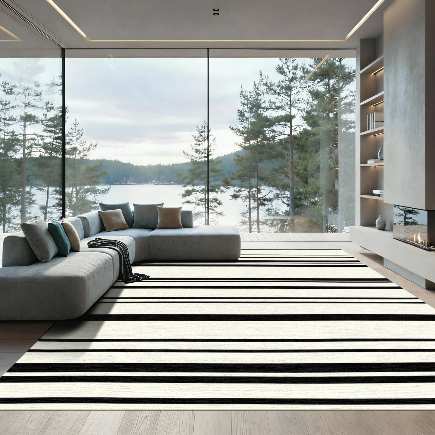 Bold Black Stripe Natural Linen Texture Rug