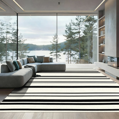 Bold Black Stripe Natural Linen Texture Rug