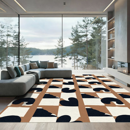 Brown Black White Abstract Checkered Rug