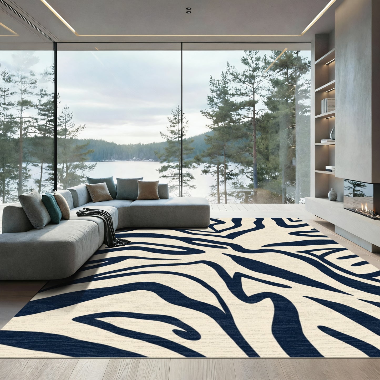 Cream Navy Abstract Zebra Stripes Rug