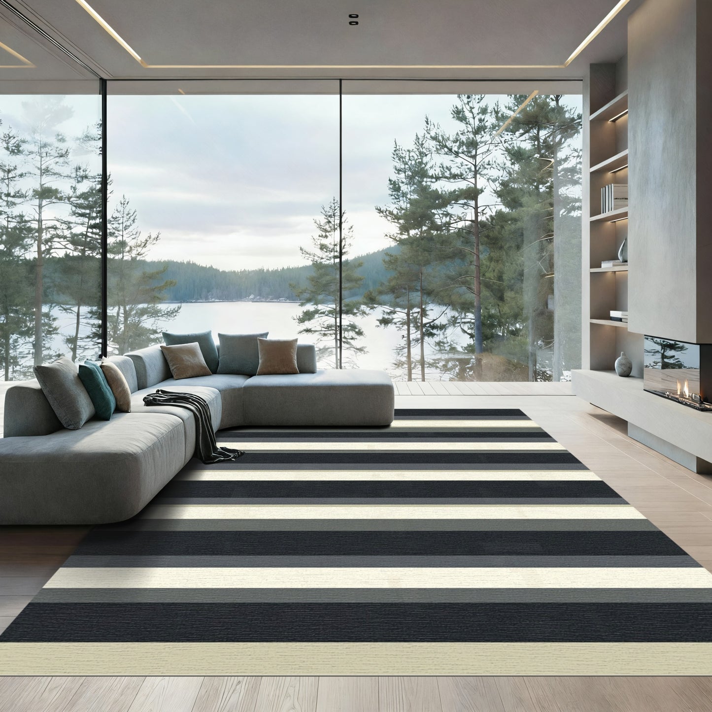Chic Grey Cream Horizontal Stripe Rug