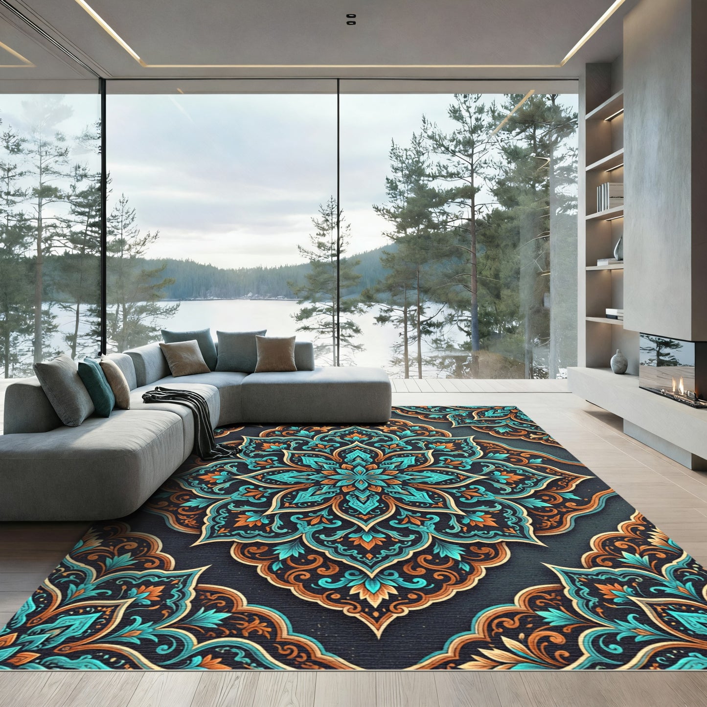 Teal and Copper Ornate Damask Rug