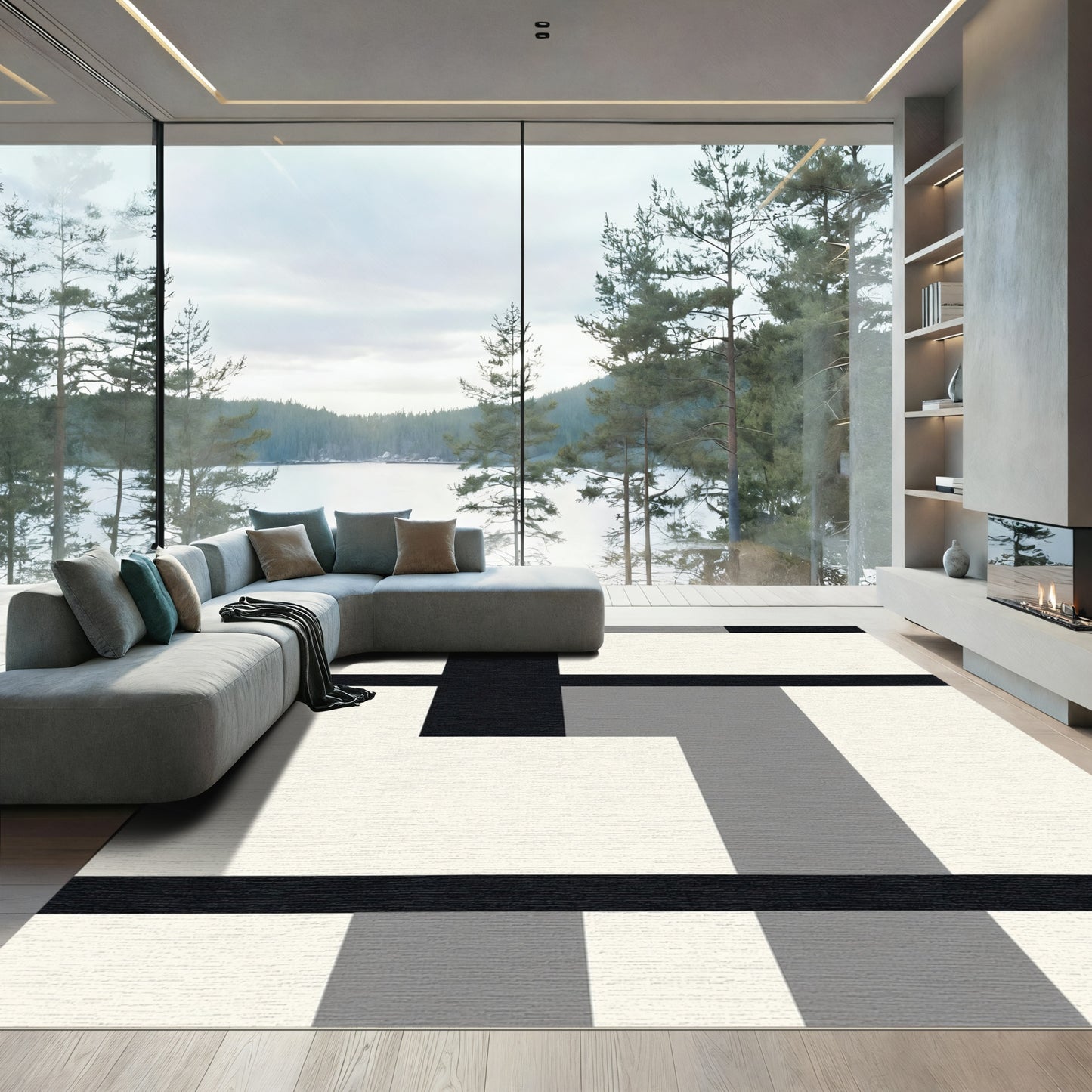 Black White Geometric Block Rug