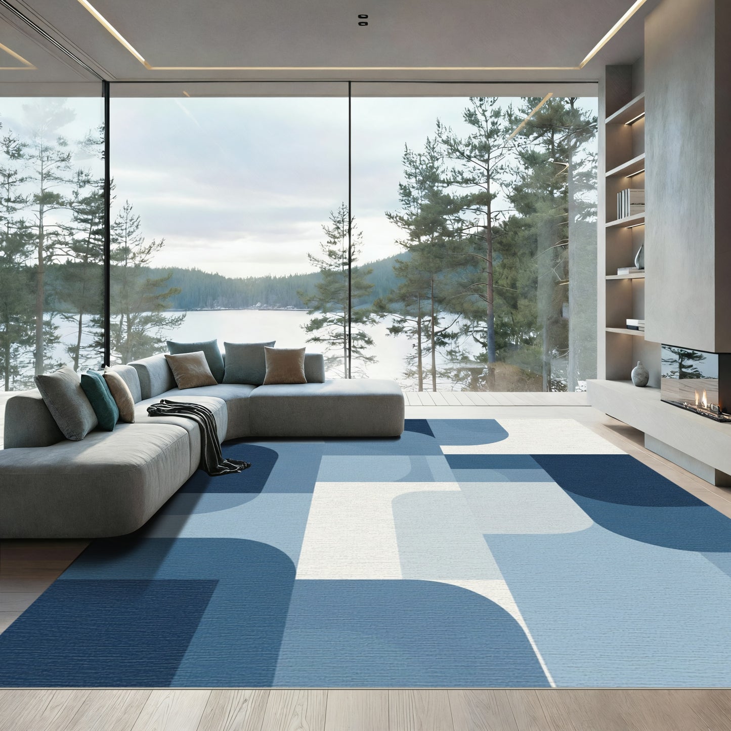 Mid-Century Blue Geometric Abstract Rug